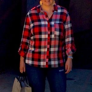Red Navy Casual Plaid Button Up